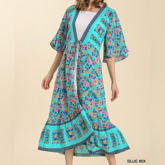 Umgee NWT Gypsy Boho Duster Teal Blue hippy bohemian Cardigan Kimono S M L - Picture 3 of 5